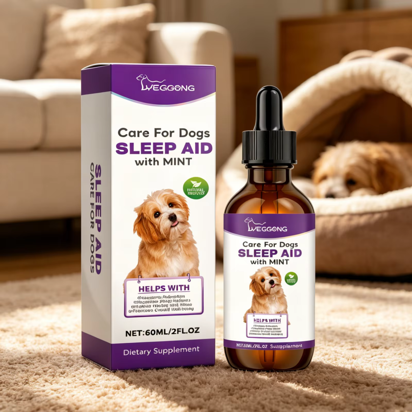 Gouttes de soutien au sommeil pour chiens YEGBONG, réduisent l'anxiété, soin de sédation nocturne, ingrédients naturels, aide au sommeil douce avec menthe pour chiens, 60 ml