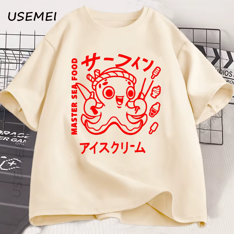 T-shirt manches courtes homme et femme, humoristique et Vintage, en coton doux, unisexe, avec imprimé graphique de poulpe japonais, Y2k