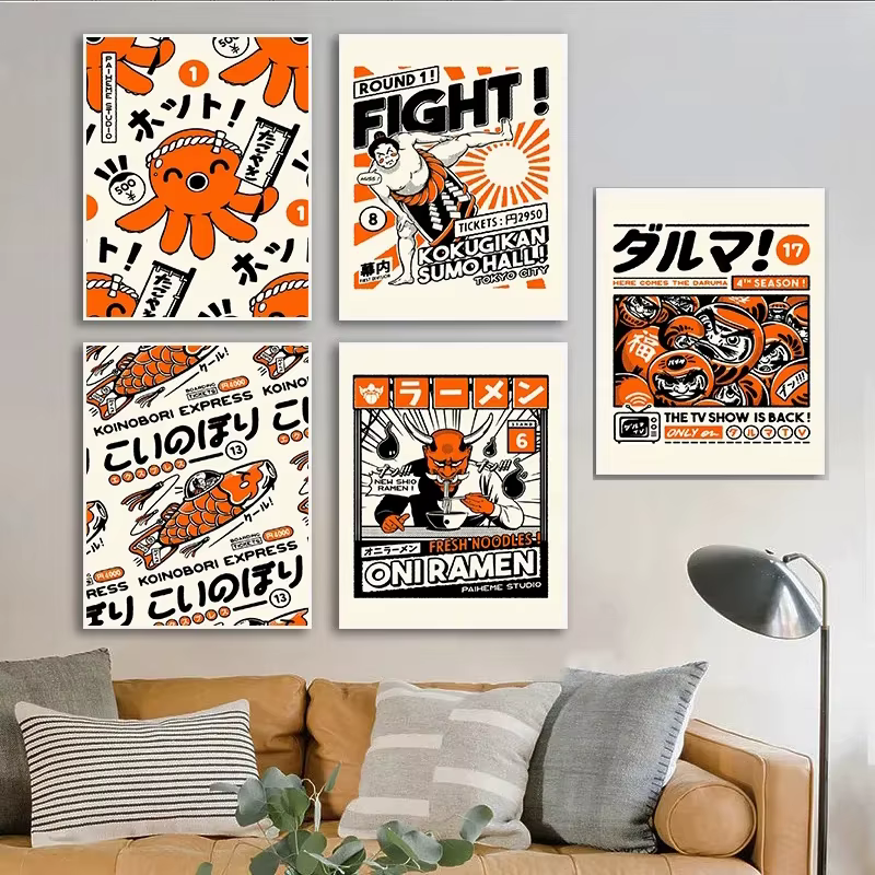 Takoyaki Oni Ramen nourriture japonaise Orange affiches et imprimés toile peinture drôle mur Art photo pour salon décor à la maison