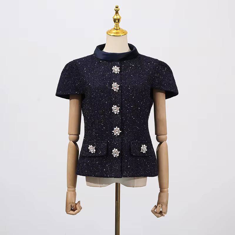 KBQ minceur deux pièces ensemble pour femmes col montant manches courtes épissé simple boutonnage haut taille haute jupe