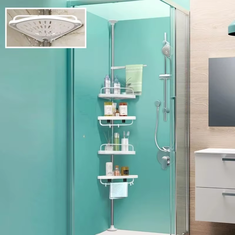 Barre de douche réglable sans perçage en acier inoxydable avec porte-serviettes, organisateur plafond-sol et étagère d'angle pour salle de bain