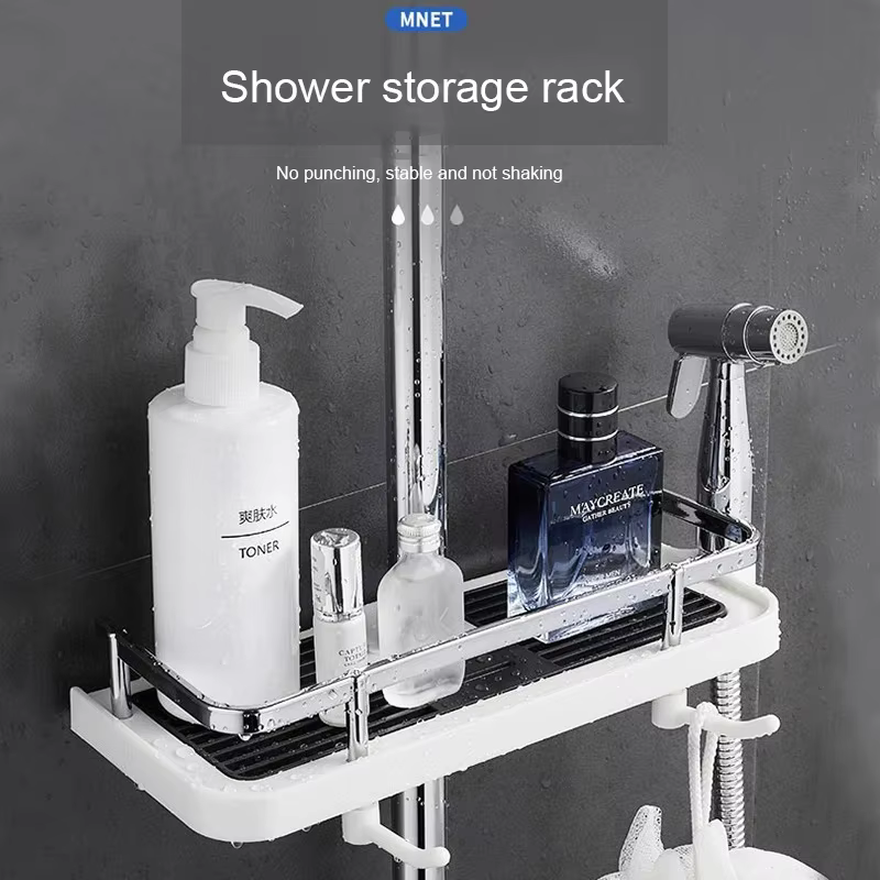 Étagère de rangement de salle de bain simple, sans perçage, carrée, pour barre de douche, plateau de rangement multifonctionnel pour douche