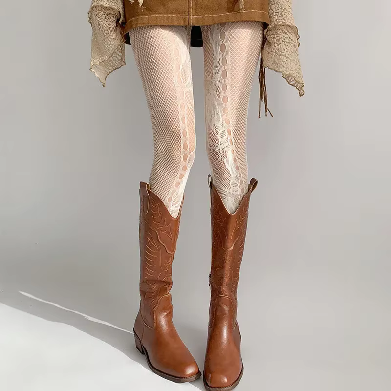Collants français romantiques en maille creuse pour femmes