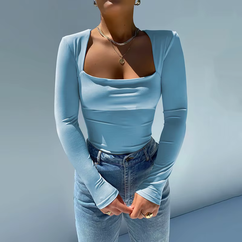 Body manches longues salopette pour femmes 2024 streetwear moulante col carré femme basique noir