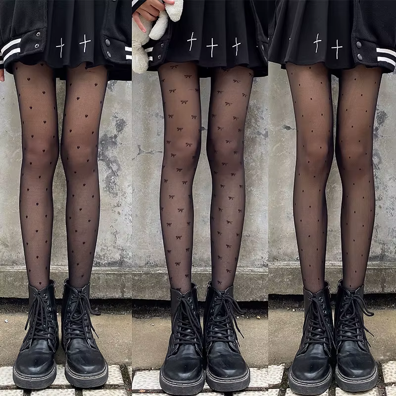 Collants en soie à pois sexy avec nœud/cœur, fins, pour femme, en nylon noir/blanc, pour boîte de nuit, bas de soirée féminins