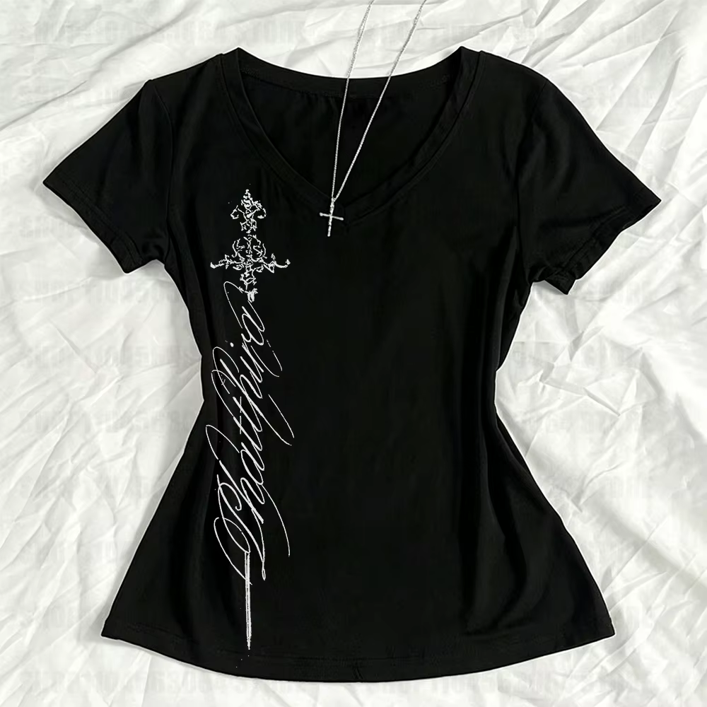 T-shirts pour femmes, col en V, coupe slim, imprimé vintage, élégant, grunge, gothique, esthétique Y2k, Harajuku, hauts décontractés pour femmes, tee-shirt