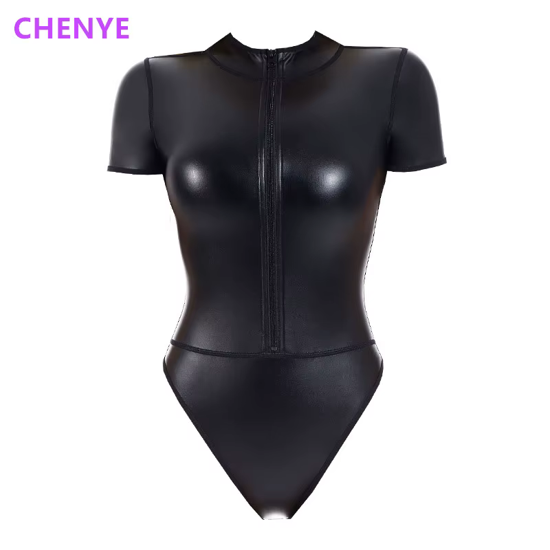 Body Shaper Femmes Lingerie Sexy Fermeture Éclair Avant Col Haut Manches Courtes Faux Cuir