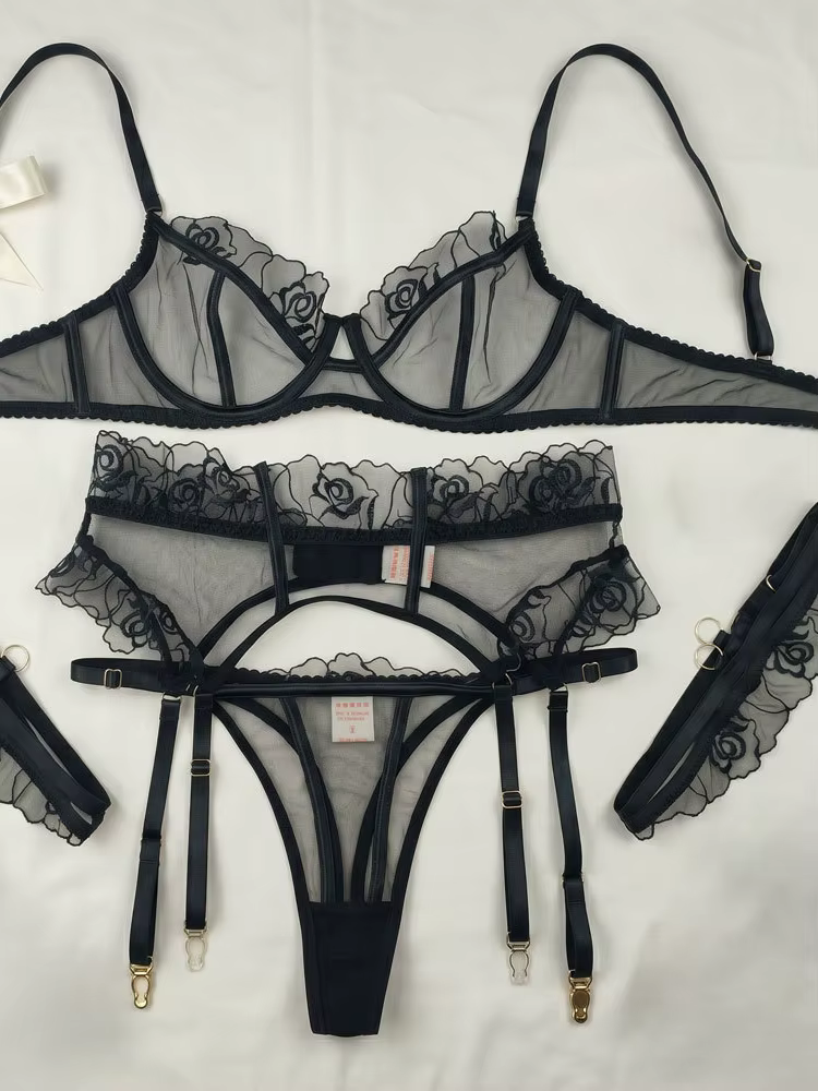 Ensemble de Lingerie Sexy 4 Pièces Belamimi de Luxe Brodé en Maille, Soutien-Gorge Sculptant, Tenue de Nuit pour Femme, Porte-Jarretelles