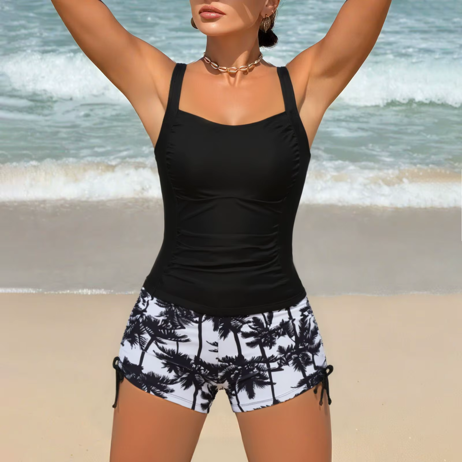 Maillots de bain tankini pour femmes, imprimés, avec short à cordon de serrage latéral, maillot de bain deux pièces tendance pour les vacances à la plage