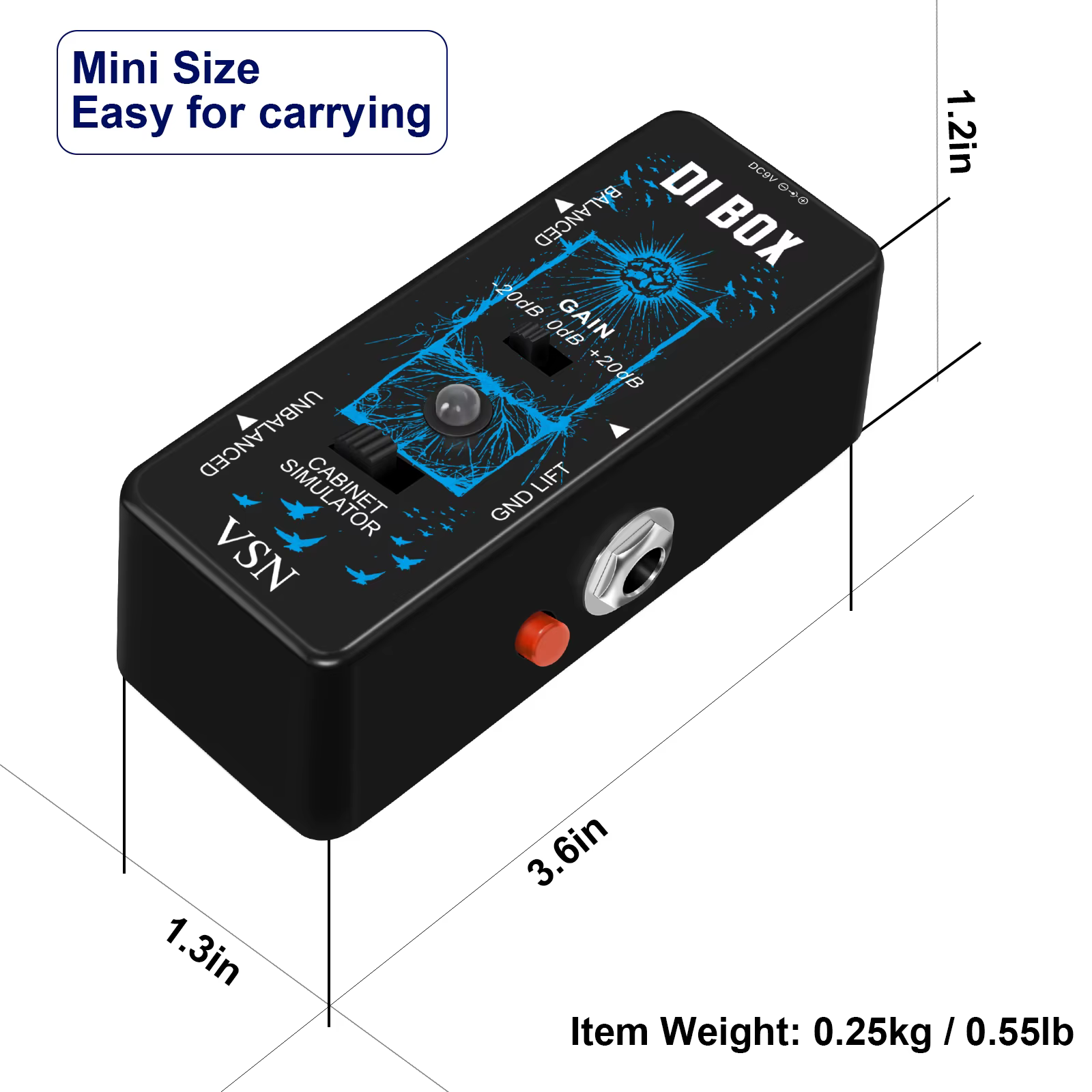 Boîtier de direct DI multifonctionnel VSN Mini pour pédale de guitare avec contrôle de gain, simulateur de cabinet et interrupteur – Appareil musical